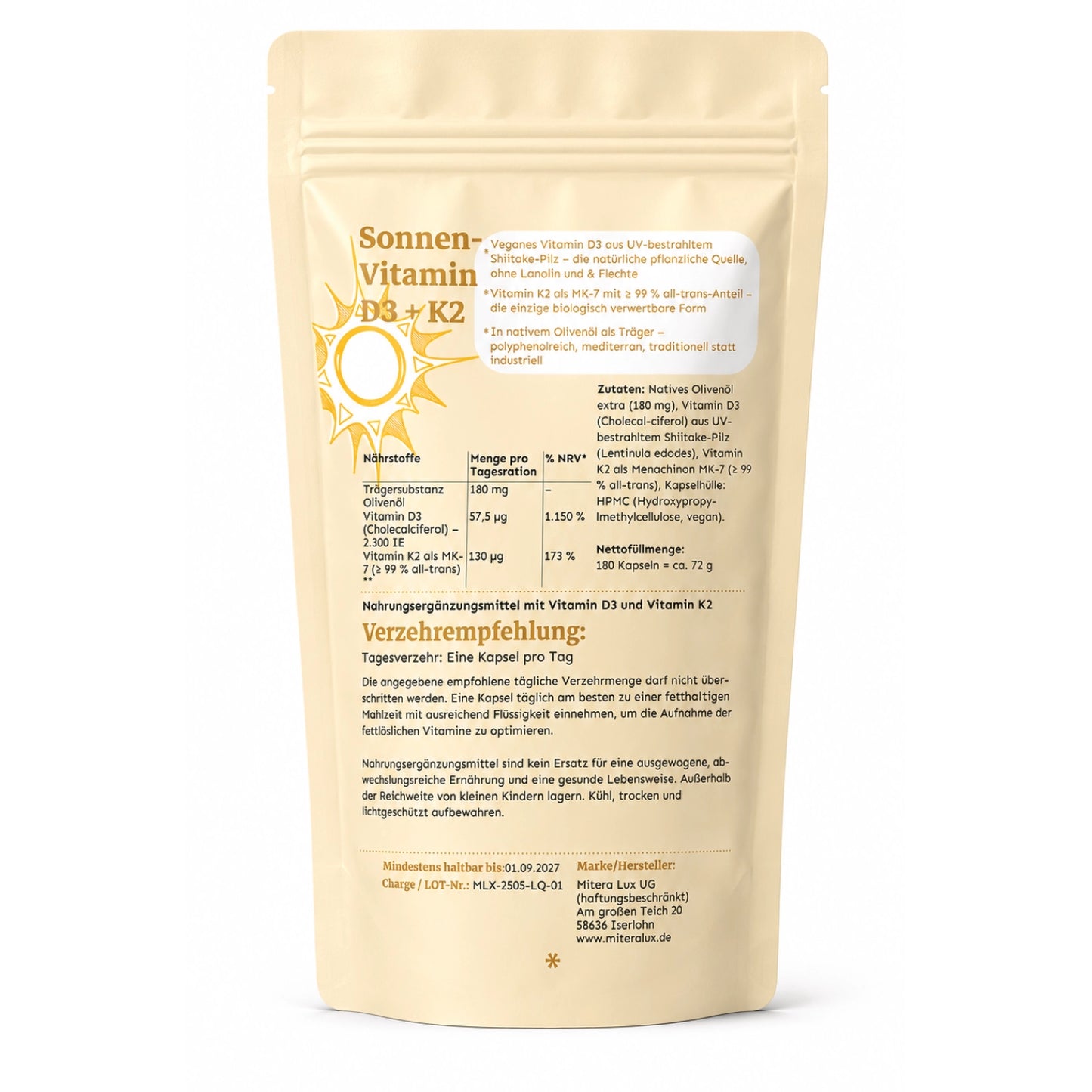 Premium 6 Monatsversorgung Vitamin D3 aus UV-behandelten Shiitake-Pilzen + K2 - LichtQuell