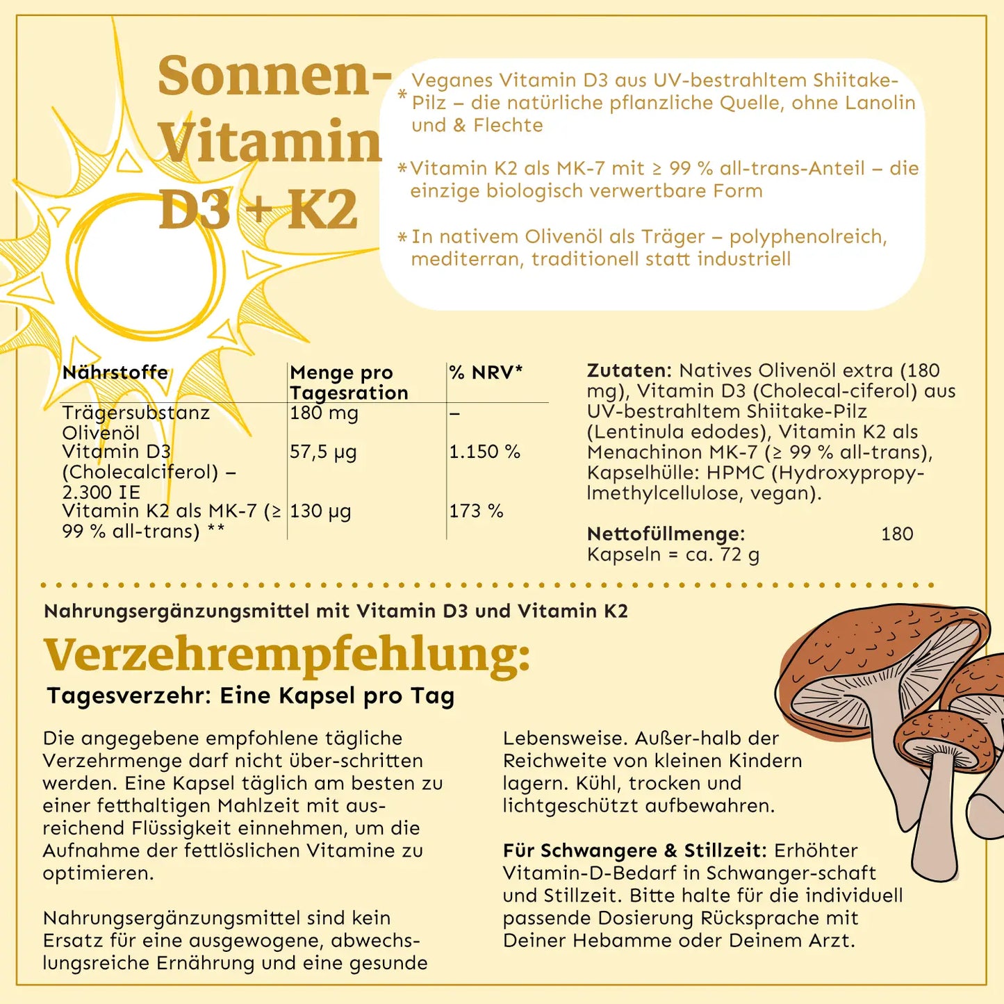 Premium 6 Monatsversorgung Vitamin D3 aus UV-behandelten Shiitake-Pilzen + K2 - LichtQuell