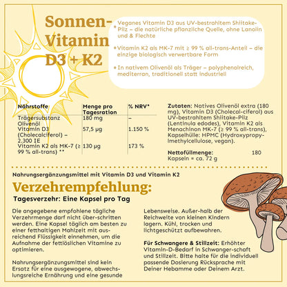 Premium 6 Monatsversorgung Vitamin D3 aus UV-behandelten Shiitake-Pilzen + K2 - LichtQuell