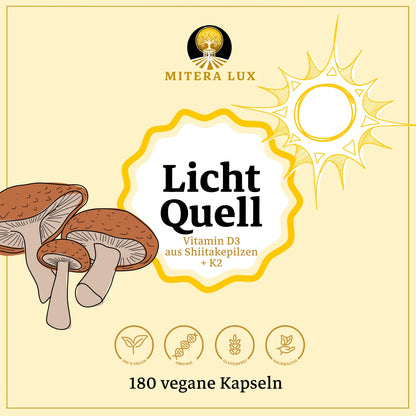 Premium 6 Monatsversorgung Vitamin D3 aus UV-behandelten Shiitake-Pilzen + K2 - LichtQuell